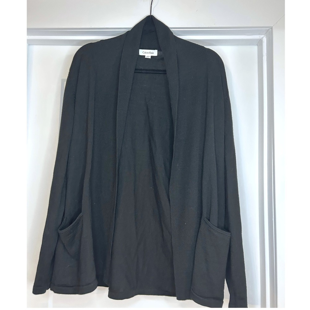 Calvin Klein Womens Black Wool Blend Open Front Shawl Collar Cardigan Sweater M - Picture 1 of 9